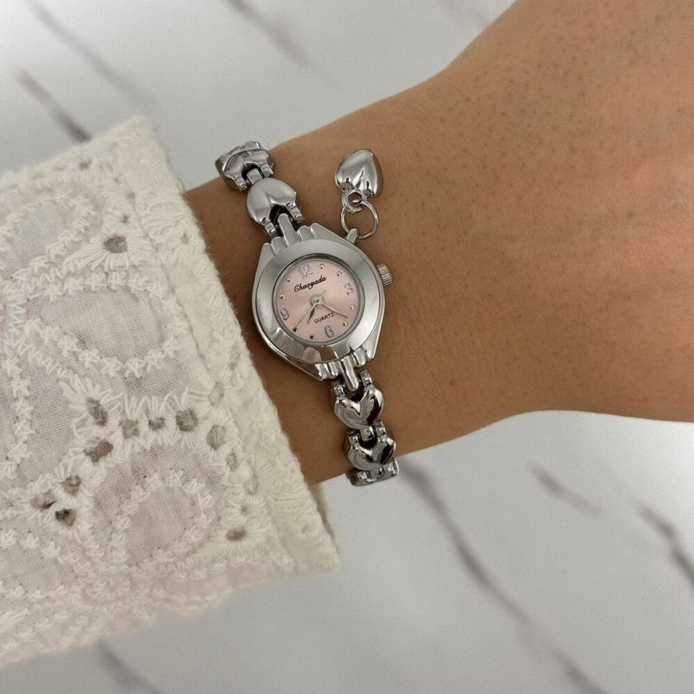 sku:0148 cute silver pink mini watch bracelet with heart + in‎ a gift box